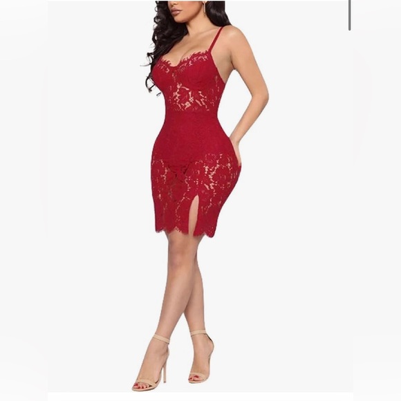 Summer Dress for Women Sheer Spaghetti Strap Split Floral Lace Bodycon Dress Red - Picture 4 of 4